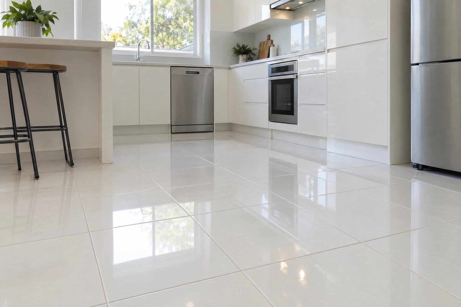 Sparkling clean white tiled floor with crisp grout lines