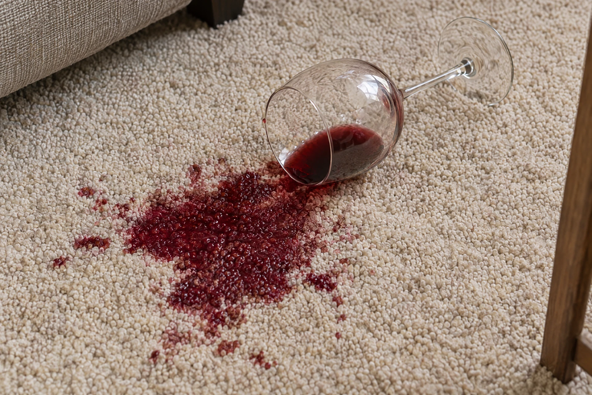 Red wine spilled on a light carpet, before specialist stain treatment