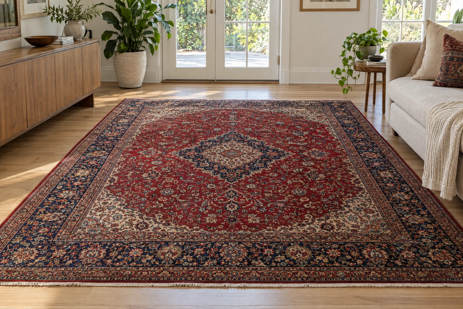 A hand-knotted wool area rug being inspected before cleaning