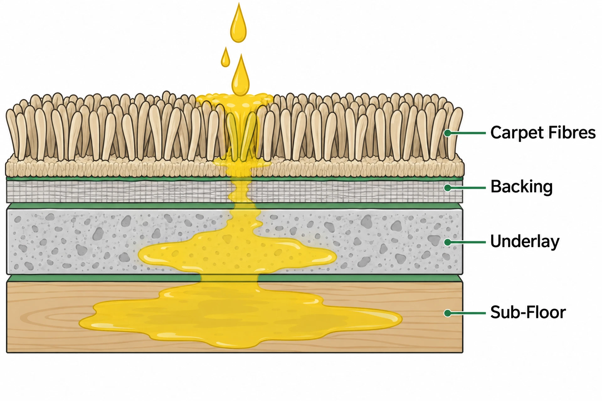 Diagram showing how pet urine penetrates carpet fibres, backing, padding and sub-floor