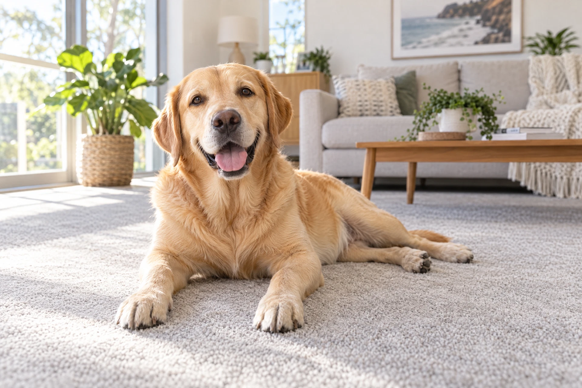 A dog resting on a freshly cleaned carpet in a Southern Highlands home