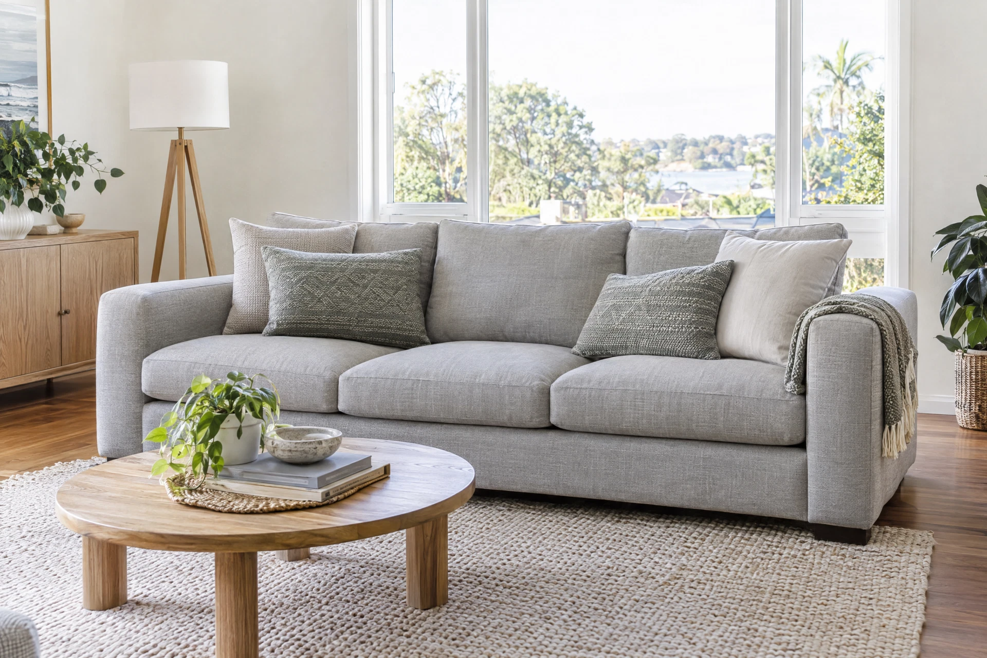 A freshly cleaned fabric couch in a bright Southern Highlands living room