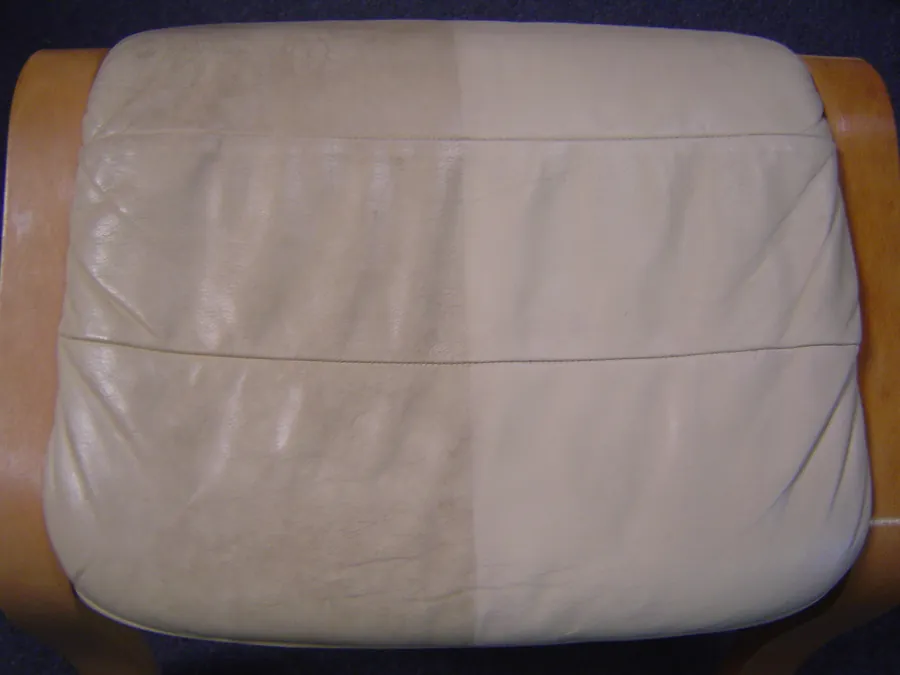 A leather lounge cushion part way through a Chem-Dry leather clean